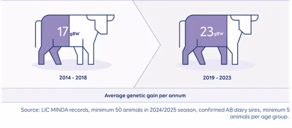 Ganancia genética promedio por año en vacas de Nueva Zelanda
